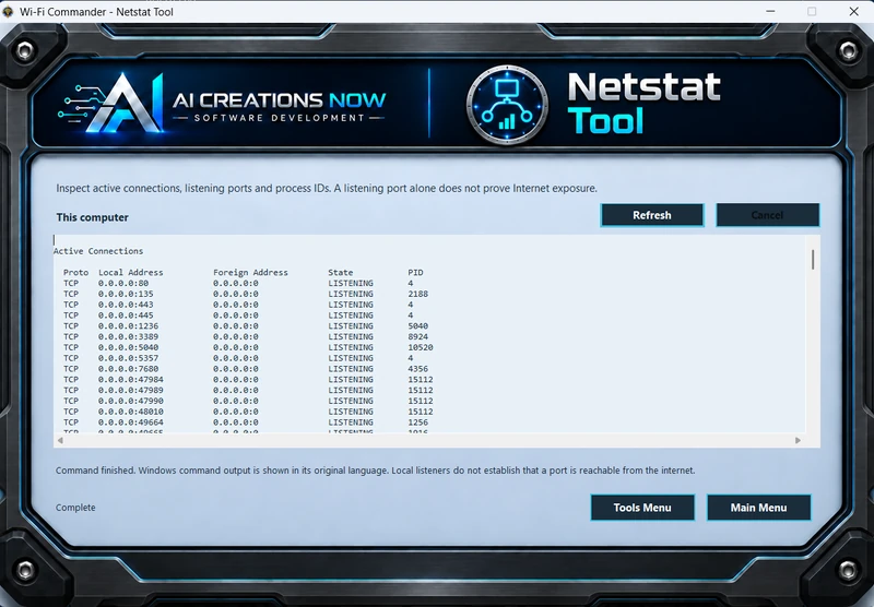 Netstat Tool displaying connection protocols, local and remote addresses, states and process IDs